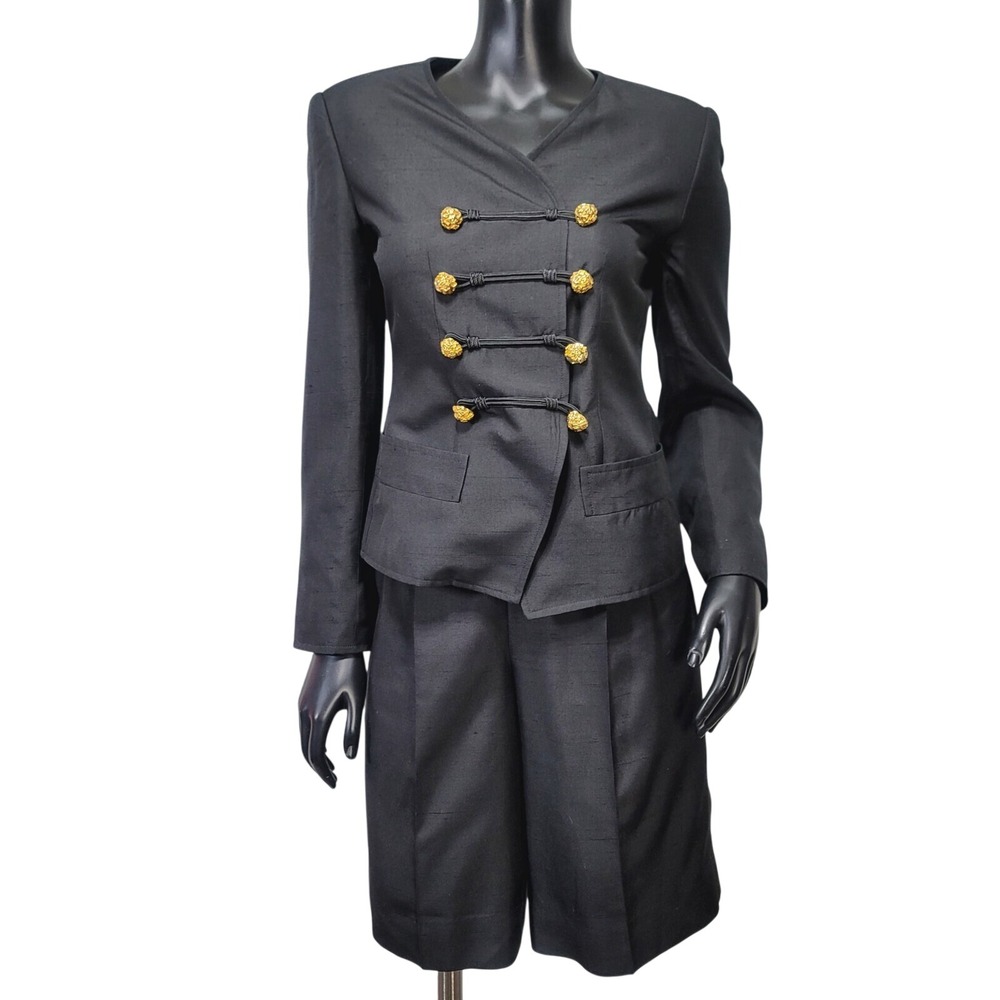 Vintage 90s Carlisle Sport Black Silk Short Suit Gold Button Military Set 2/4